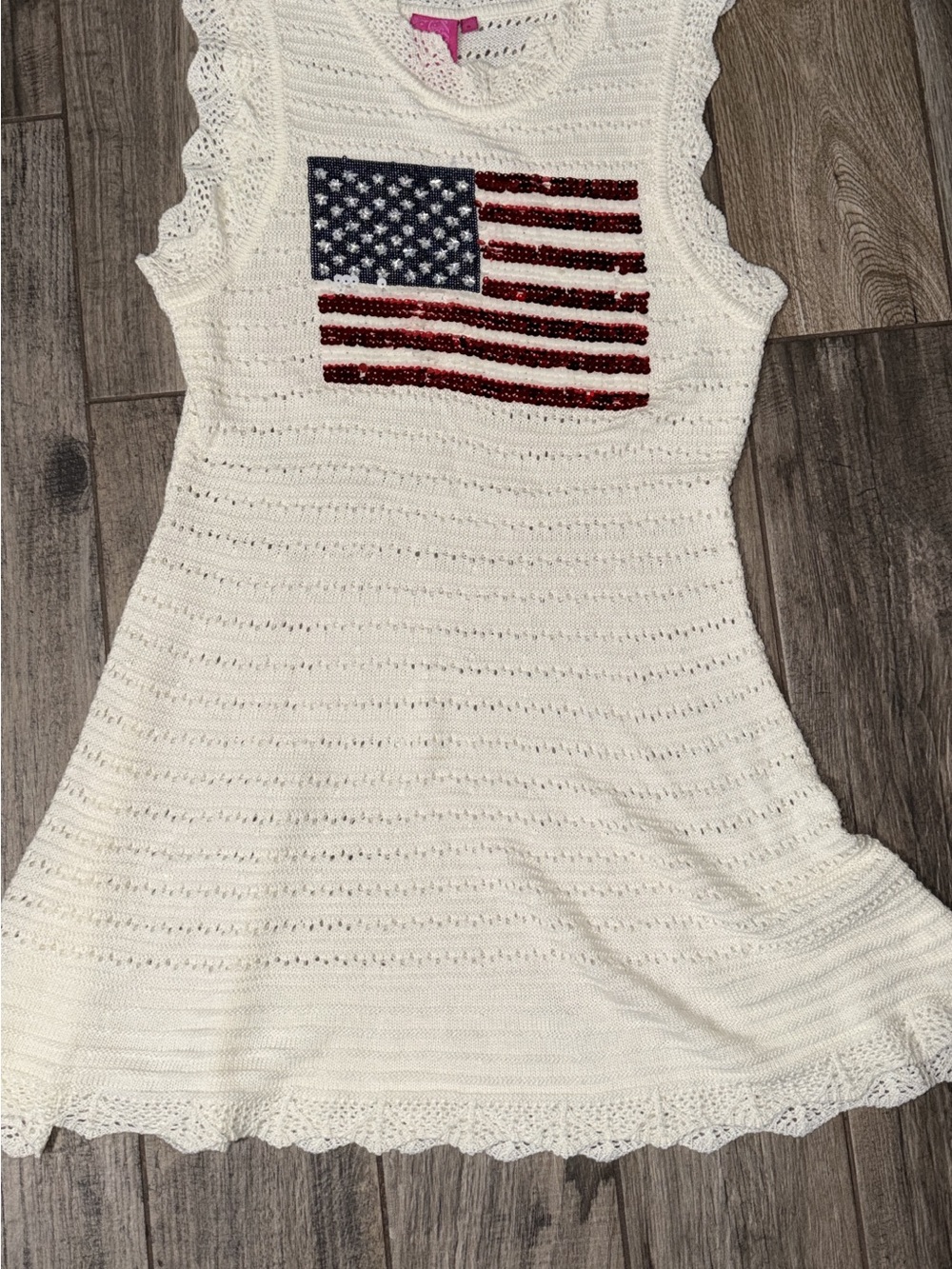 QUEEN OF SPARKLES White Knit Coverup with Sequin American Flag